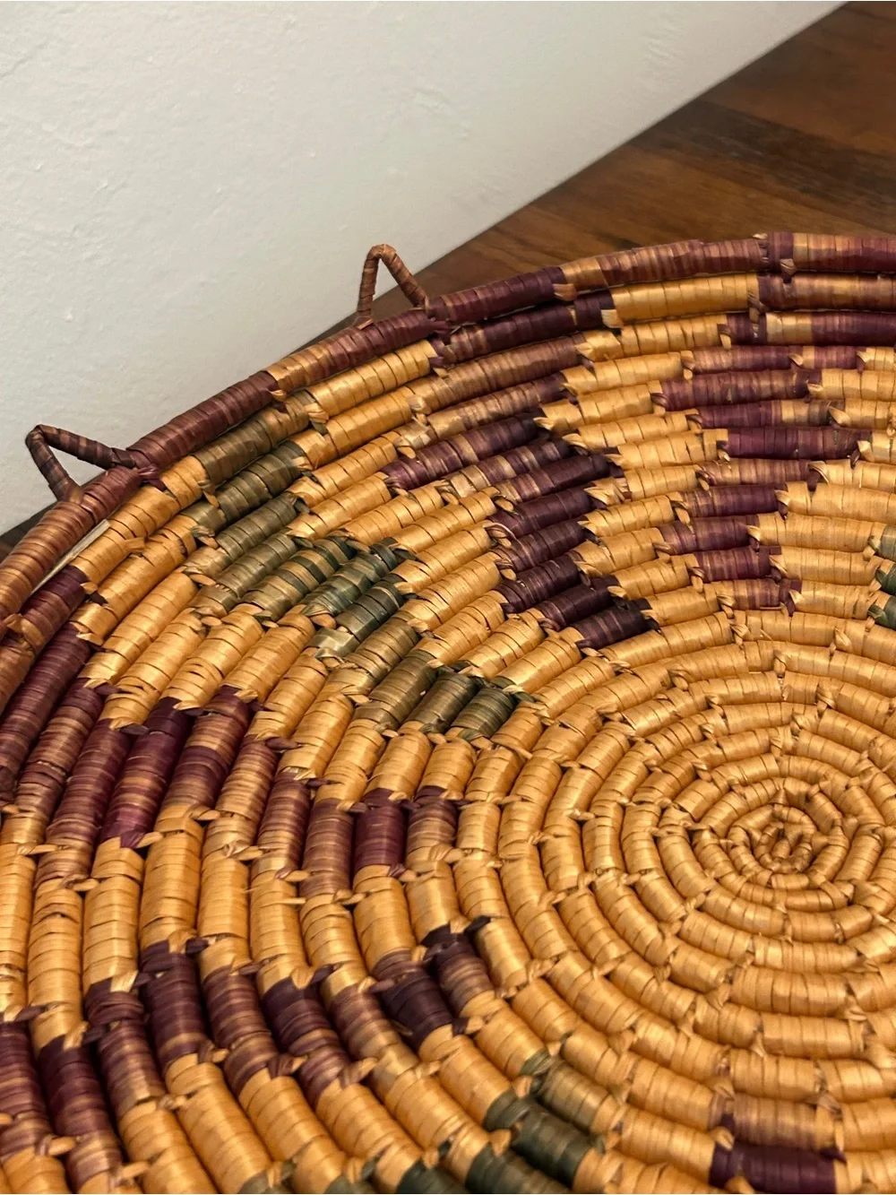 Handwoven Round Decorative Basket Tray - Gold, Burgundy, Olive
